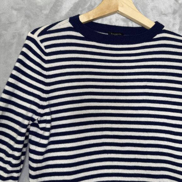 Talbots Sweater Womens Medium Petite Navy White Striped Crewneck Lambswool Blend - Picture 3 of 8